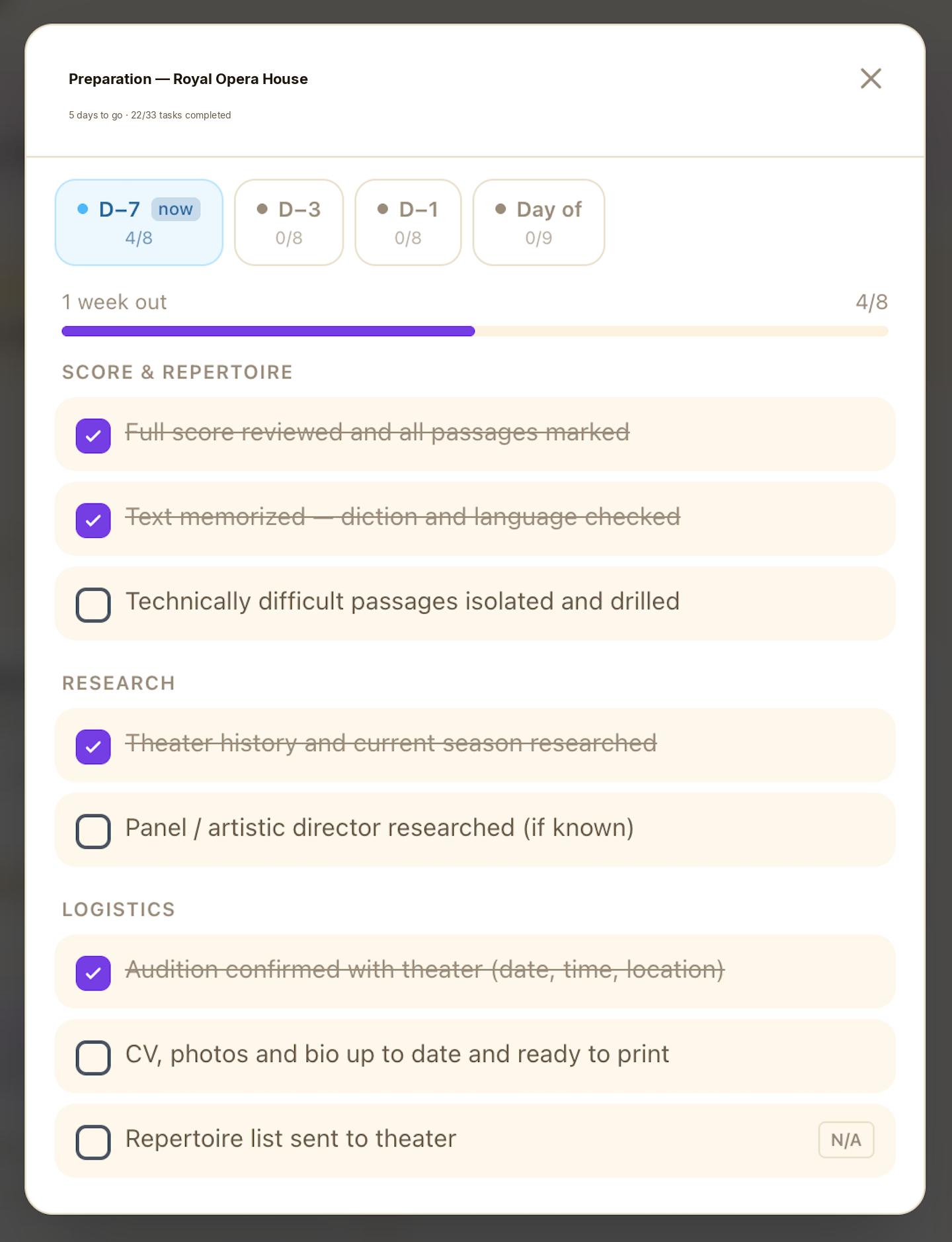 Audition preparation — Staatstheater Mainz checklist, D-7 stage, tasks grouped by Score, Research, Logistics