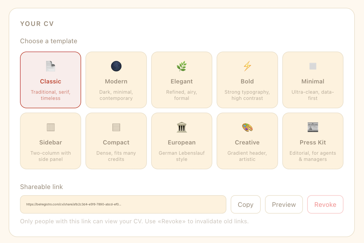 CV templates — grid of ten template previews, shareable link with revoke and preview controls