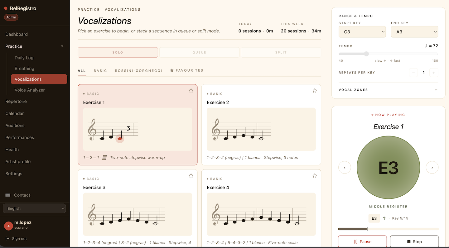 Vocalizations screen — exercise library with staff notation, range and tempo panel, current note orb